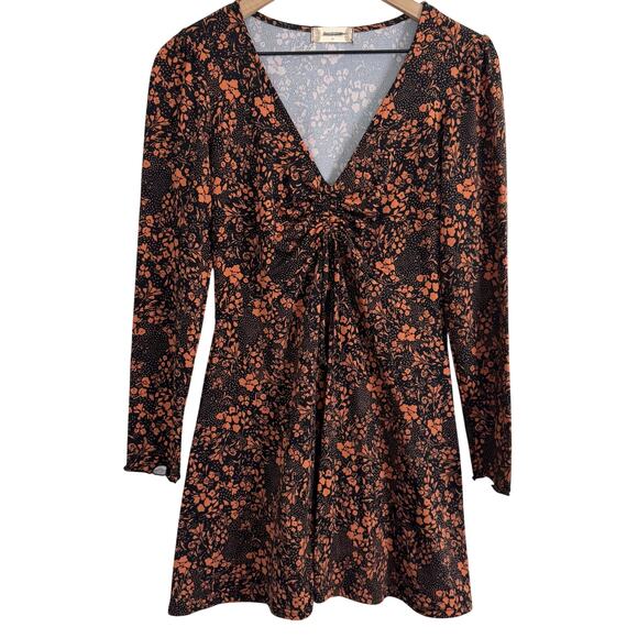 Altar’d State Black & Caramel Orange Floral Long Sleeve Mini Dress Size Medium - Picture 1 of 7